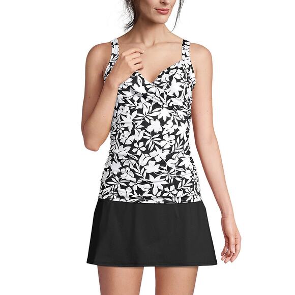 Lands End D-Cup V-Neck Wrap Underwire Tankini Swimsuit Top Black Floral Women 10 - Picture 1 of 17